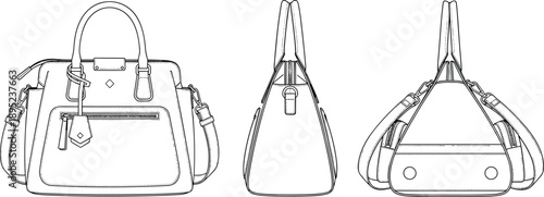 Women's luxury handbag outline illustration showing front side and bottom views, detailed technical drawing for fashion product design