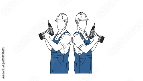 Twin construction workers holding power drills in minimalist style