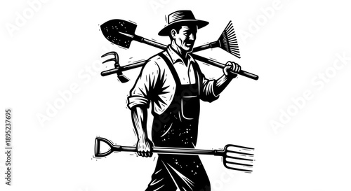 Hardworking farmer carrying gardening tools Vector
