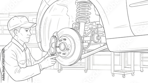 Mechanic working on car brake system in garage workshop black and white