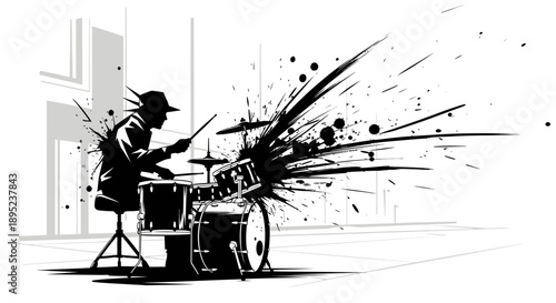 Drummer in action, explosion of rhythm in studio Vector