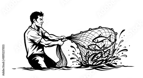 Fisherman kneeling by the shore with a full net of fish Vector