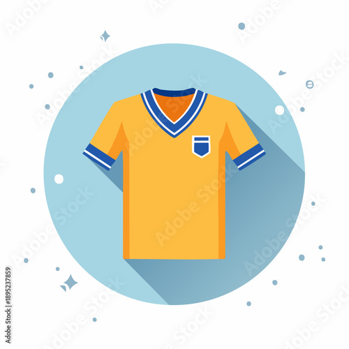 A vibrant yellow sports jersey with blue trim is centered on a light blue circle, surrounded by scattered stars and dots.