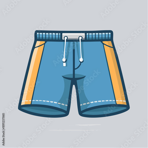 Illustration of vibrant blue beach shorts with orange accents and drawstrings, viewed from the front on a plain grey background