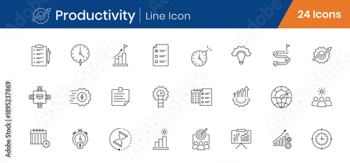 Productivity Outline Icons Set. Time Management, Project, Efficiency Linear Vector Editable Stroke Icons
