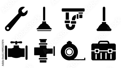 Essential plumbing tools and symbols: wrench, plunger, pipe, valve icons