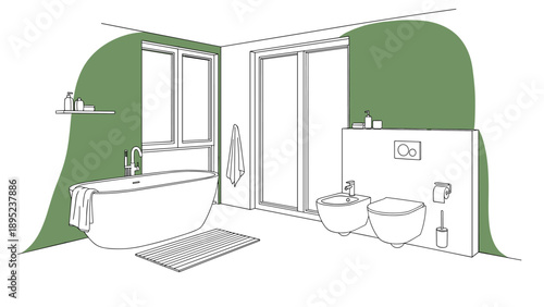 Modern minimalist bathroom design with freestanding tub and bidet in green accented space