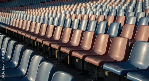 Empty stadium seats in blue and brown with warm sunlight for sports event