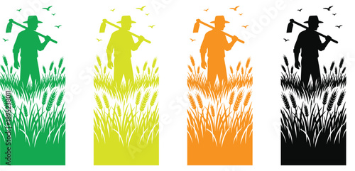 Solid and Outline Vector Icon Set Featuring Professional Gardeners Wearing Wide-Brimmed Hats Tending to Potted Sprouting Plants .