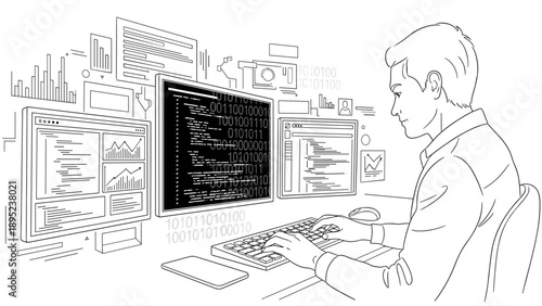 Linear style digital workspace with programmer coding on multiple monitors for data analysis