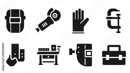 Essential tools and safety icons in industrial silhouette style set