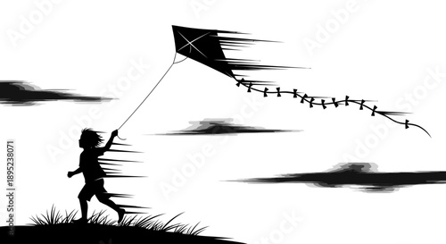 Child running with a kite on a windy day Vector