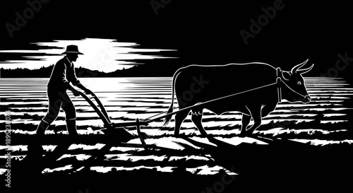 Silhouetted farmer plowing with oxen at sunset Vector