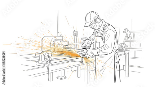 Industrial worker grinding metal in workshop with safety gear
