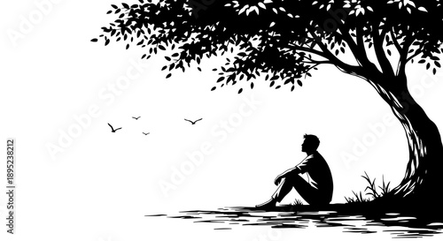 A solitary figure seeking refuge under a tree Vector