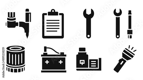 Industrial tools icons set: wrench, gear, battery, clipboard, flashlight, filter in bold silhouette style