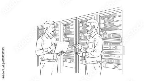 Professionals discussing in server room: technical management and collaboration