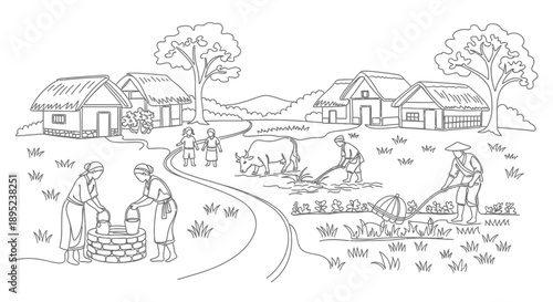 Rural village life: daily activities and community engagement Vector