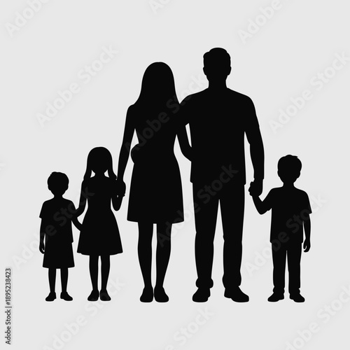 Black silhouette of a family of five standing together