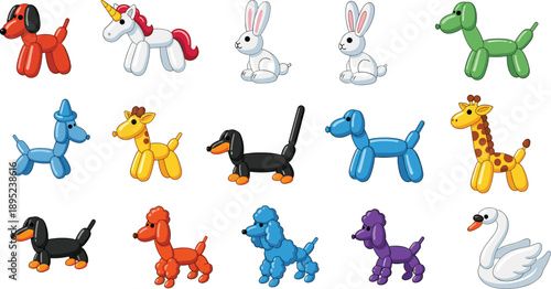 Colorful Balloon Animal Vector Icon Set Featuring Dogs Unicorns Rabbits Giraffes Poodles And Swans For Birthday Party And Celebration Design