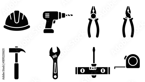 Silhouette icons of essential construction and repair tools