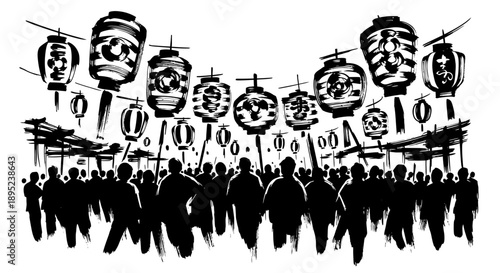 Traditional lantern festival celebration with crowd Vector