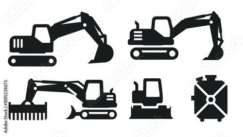 Silhouette construction machinery icons set for industrial design projects