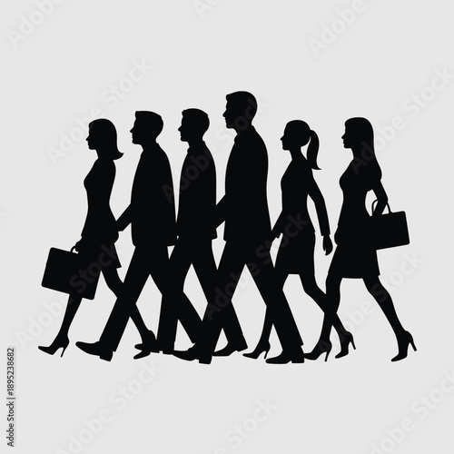 Six silhouetted people walking with briefcases business