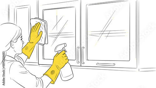 Line art cleaning concept: person washing windows with gloves and spray