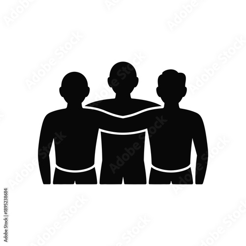 Three black silhouettes of people standing together