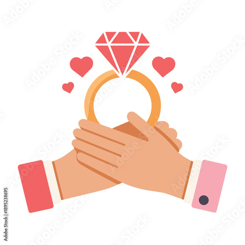 Two hands holding a golden ring with a red diamond and hearts