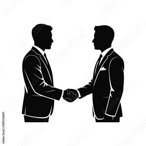 Two men in suits shaking hands black and white handshake