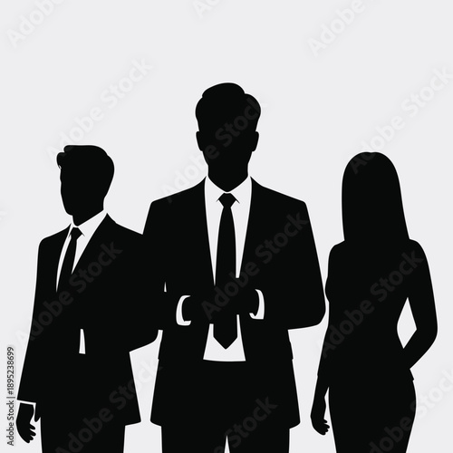 Three silhouettes of people in business attire standing together