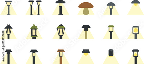 Outdoor Garden And Street Lamp Vector Icon Set Featuring Various Vintage Lanterns Modern Posts And Pathway Lighting For Urban Landscape Design