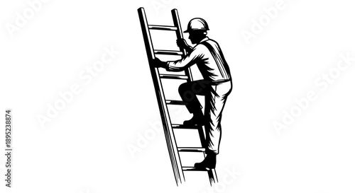 Worker ascending a ladder for maintenance Vector