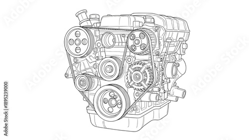 Detailed linear drawing of a mechanical engine with pulley system