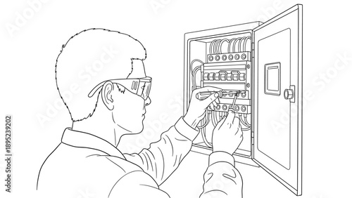 Electrician working on circuit breaker panel in contour drawing style