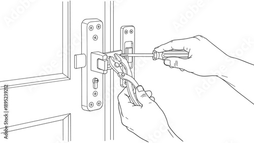 Handyman repairing lock with pliers and screwdriver in linear style drawing