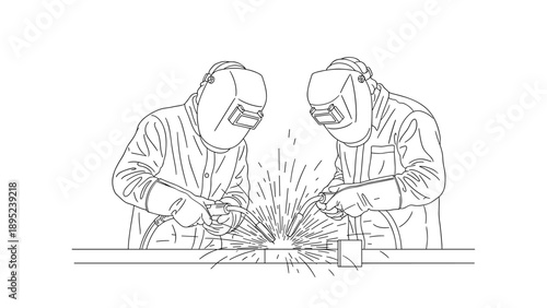 Linear drawing of two welders working safely with sparks flying