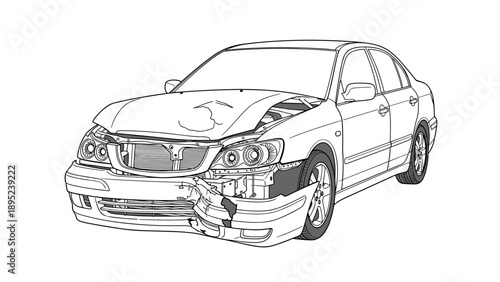 Detailed line drawing of damaged car with exposed front section and visible headlights