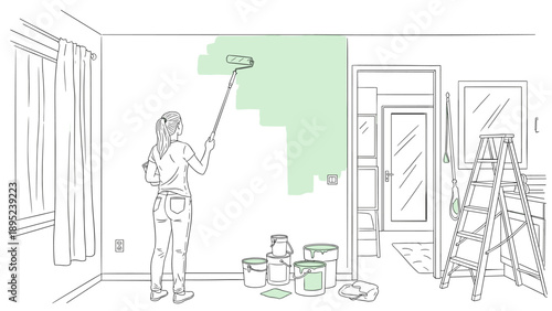 Woman painting room mint green: home renovation in linear style