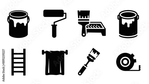Silhouette icons of painting tools with paint cans, brushes, rollers, and tape