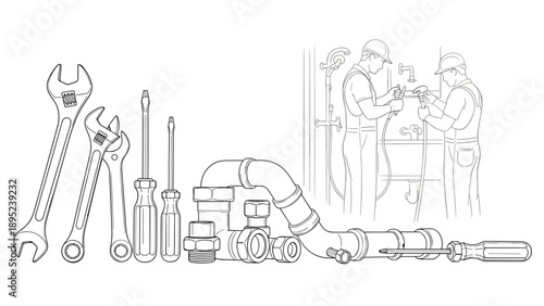 Plumbing tools and professionals at work in linear style