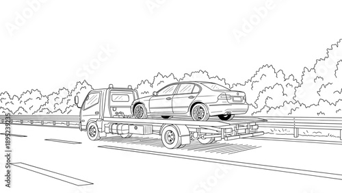 Tow truck transporting car on highway in black and white outline style