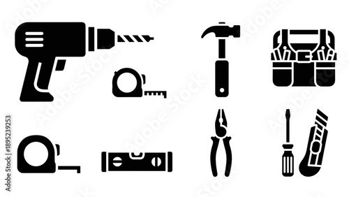 Silhouette icons of essential tools for home improvement and diy projects