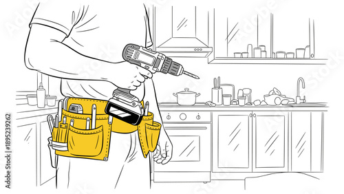 Home repair worker in a modern kitchen with tools in hand-drawn style
