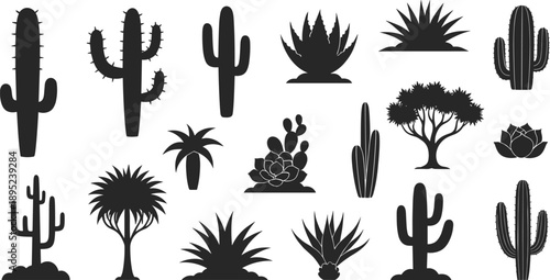Desert Plant Silhouette Vector Set Featuring Saguaro Cactus Prickly Pear Aloe Vera Agave Yucca Palm Trees And Tropical Bushes For Arid Landscape Design