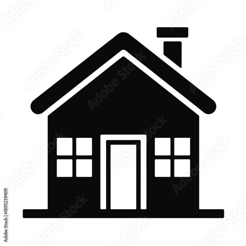 Simple black silhouette of a house with chimney and windows, perfect for real estate, property, home services, architecture graphics, housing concepts, and vector illustration projects.