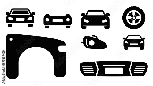 Minimalist car parts icons set: bumper, fender, and wheels