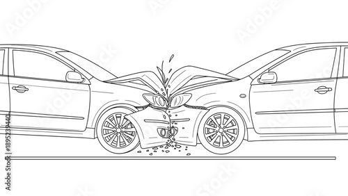 Head-on collision car accident drawing with detailed linework and exploding elements